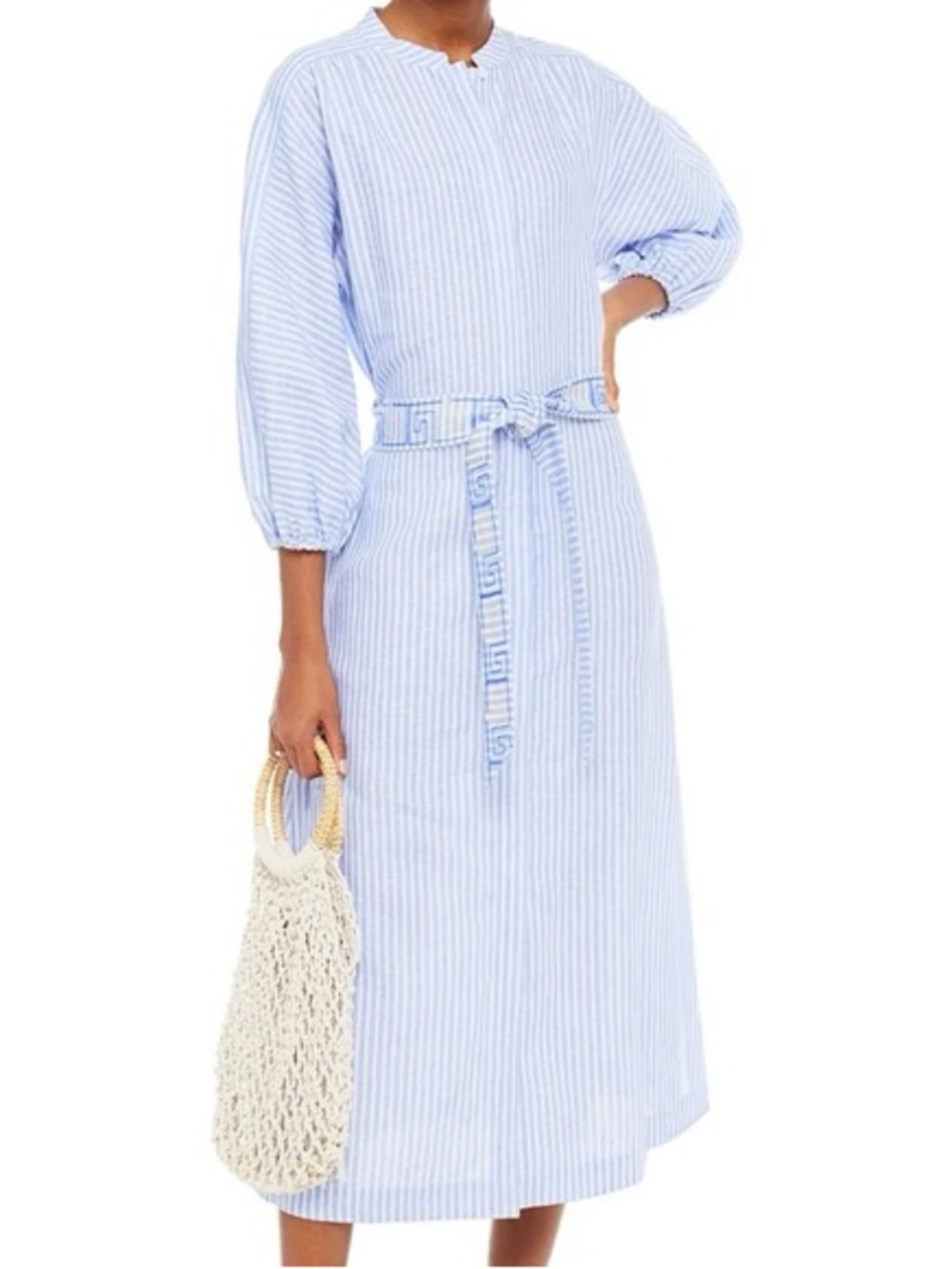 Tory Burch Blue White Striped Belted Button Up Shirt Dress Balloon Sleeve